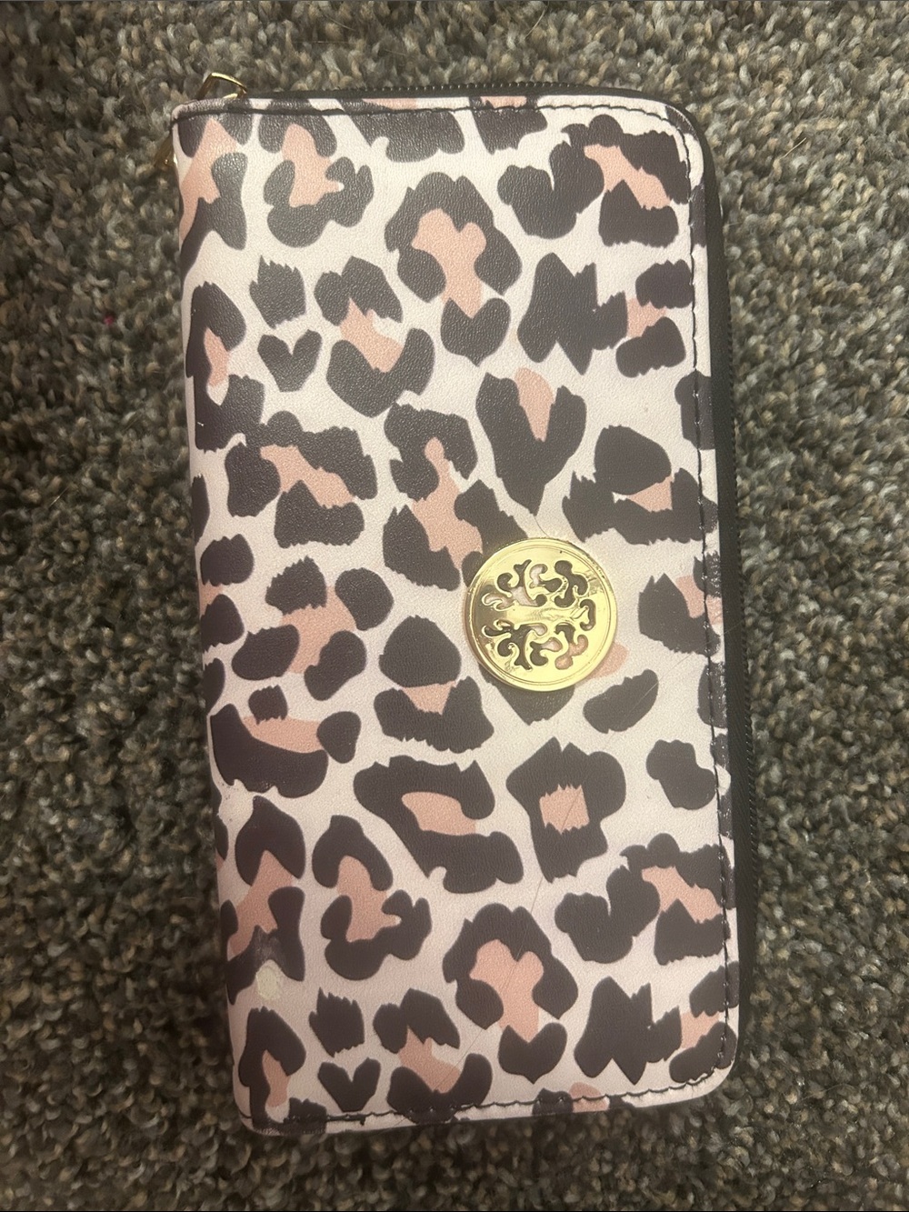 Leopard Print Zip Wallet with Gold Medallion